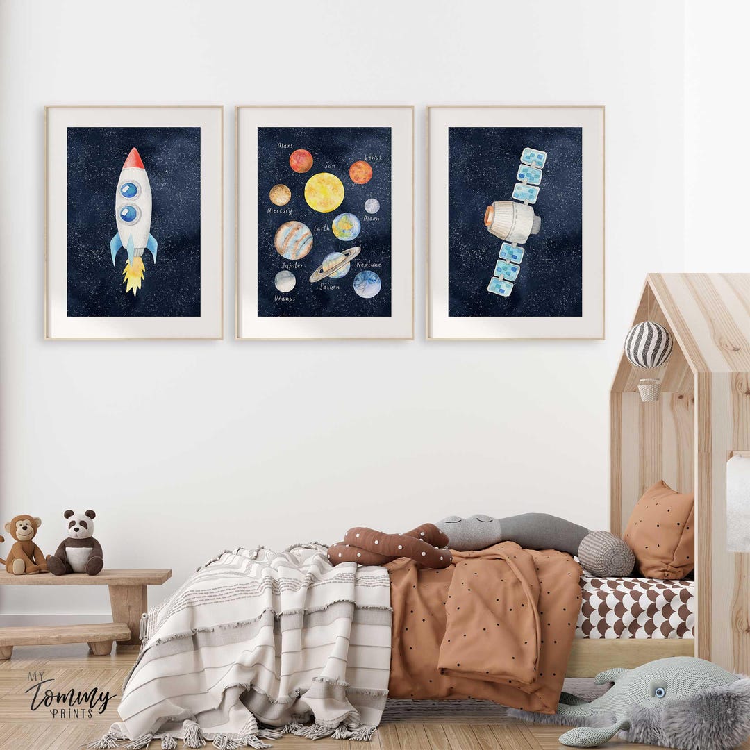 Space Themed Nursery Wall Art Set of 3 Spaceship Planets Satellite Boys ...