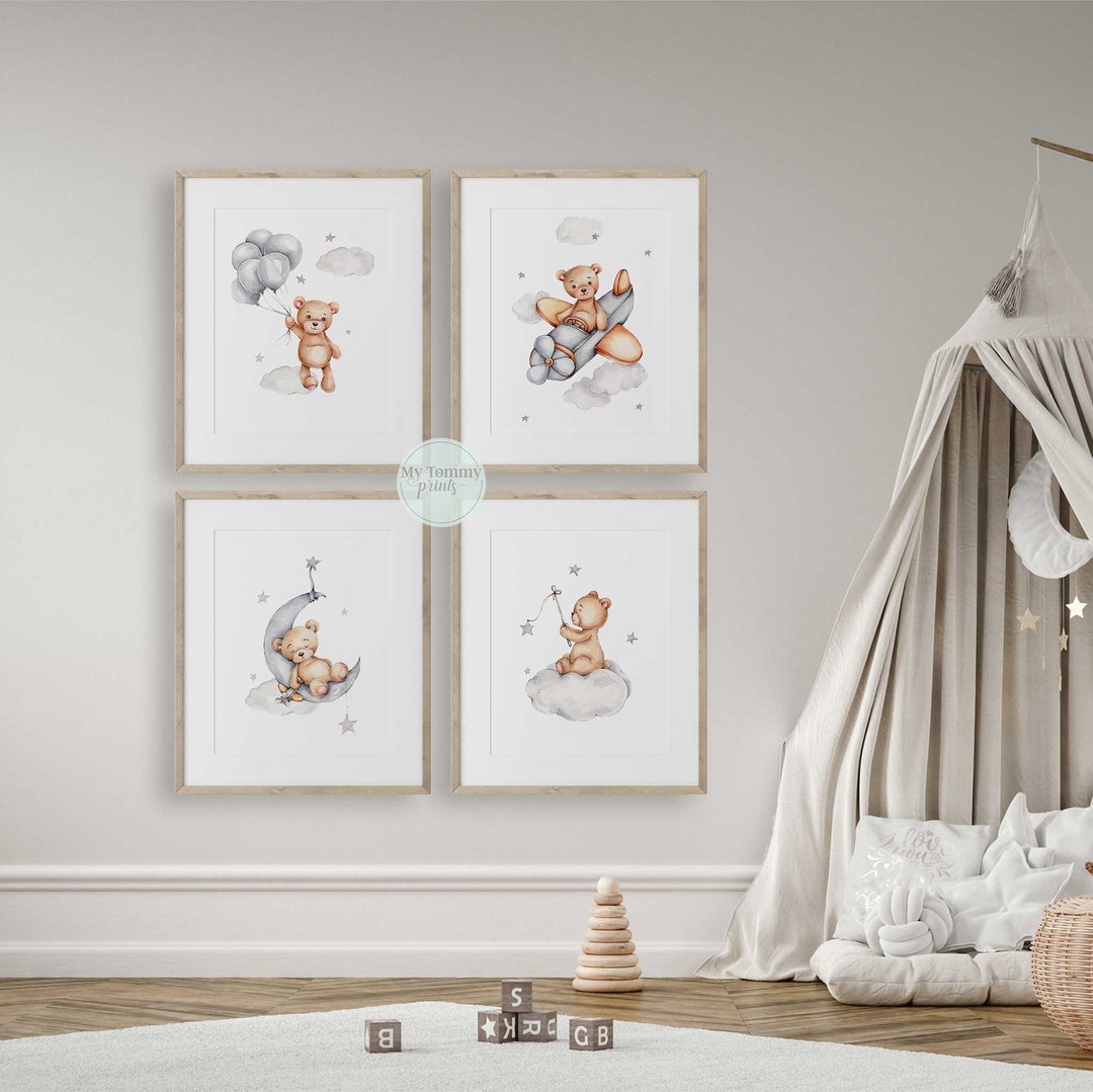 Set of 4 Teddy Bear Nursery Prints Boys Wall Art Bedroom Decor Kids ...