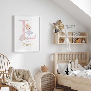 Custom ballet nursery print with delicate ballerina and personalised name, ideal wall art for girls room or baby gift