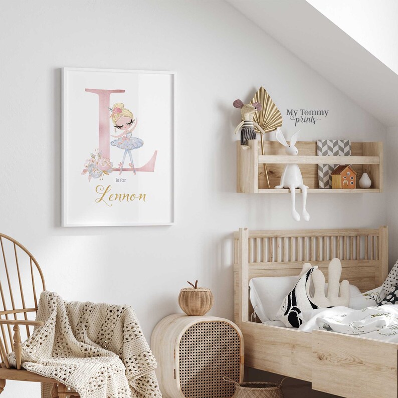 Custom ballet nursery print with delicate ballerina and personalised name, ideal wall art for girls room or baby gift