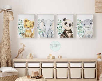 Set of 4 Safari Prints, Gender Neutral Nursery Prints, Baby Jungle Theme Bedroom Decor, Eucalyptus Leaves, Lion Cub, Elephant, Hippo & Panda