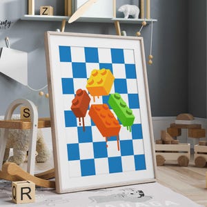Building block style wall print with dripping bricks and checkered background