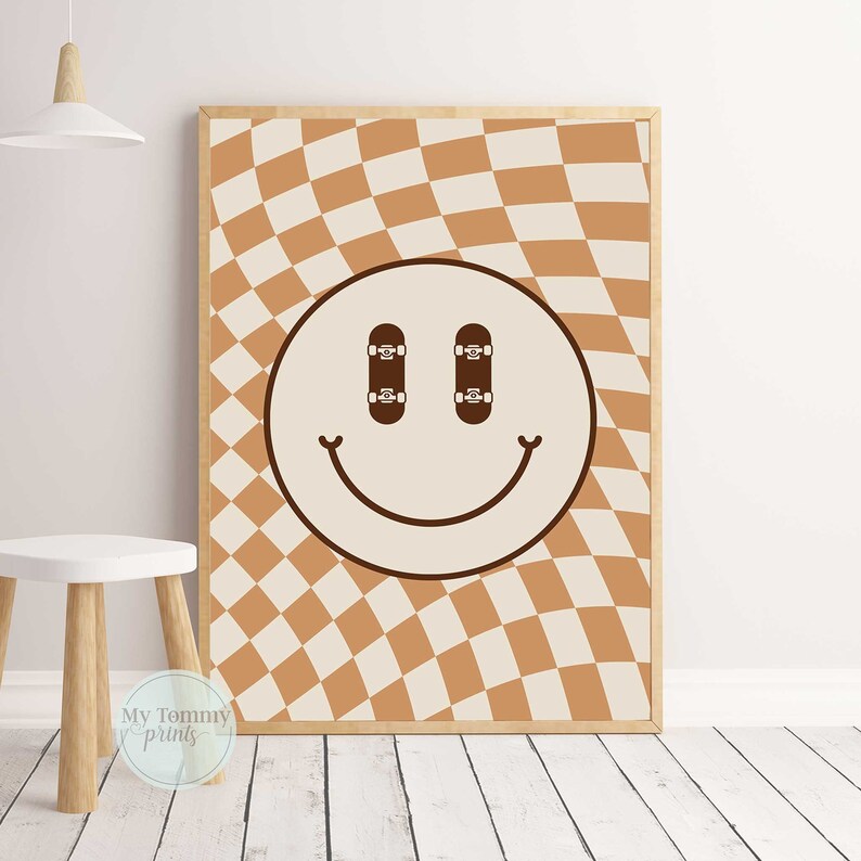 Little Skater Boy Checkered Smiley Print for Boys Room Decor Neutral