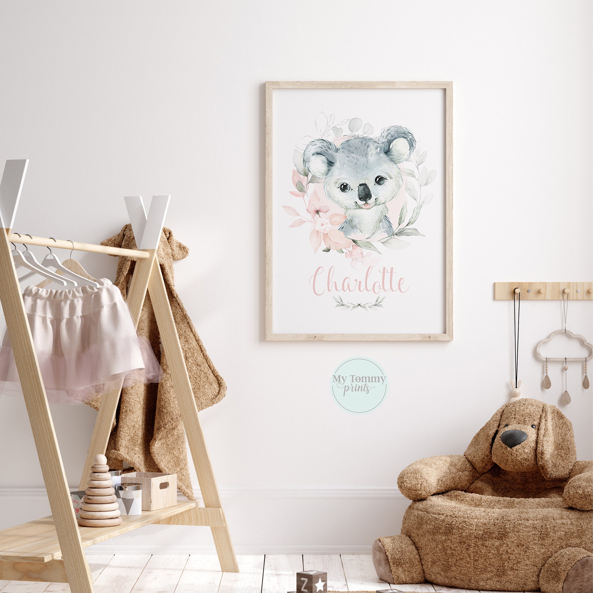Personalised Koala Bear Print Baby Girl Nursery Prints Little