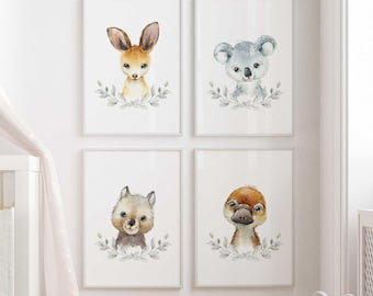 Australian Animal Nursery Prints Koala, Kangaroo, Platypus, Wombat - Set of 4