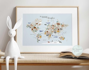 Animal World Map For Kids Baby Nursery, Bedroom, Playroom Decor