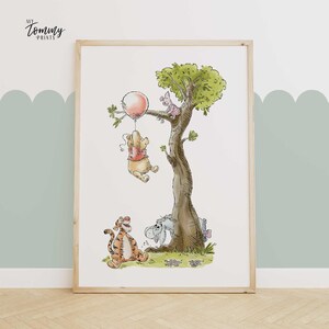 Winnie the Pooh nursery print with Pooh floating on a balloon near a tree, featuring Piglet, Tigger, and Eeyore. Whimsical wall art for baby rooms.