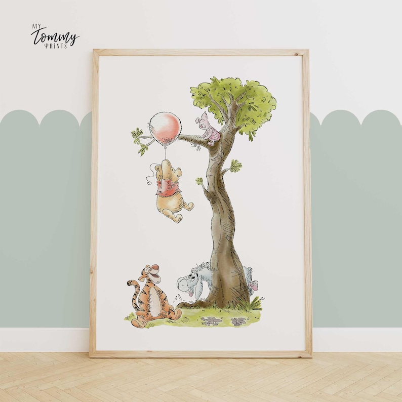 Winnie the Pooh nursery print with Pooh floating on a balloon near a tree, featuring Piglet, Tigger, and Eeyore. Whimsical wall art for baby rooms.