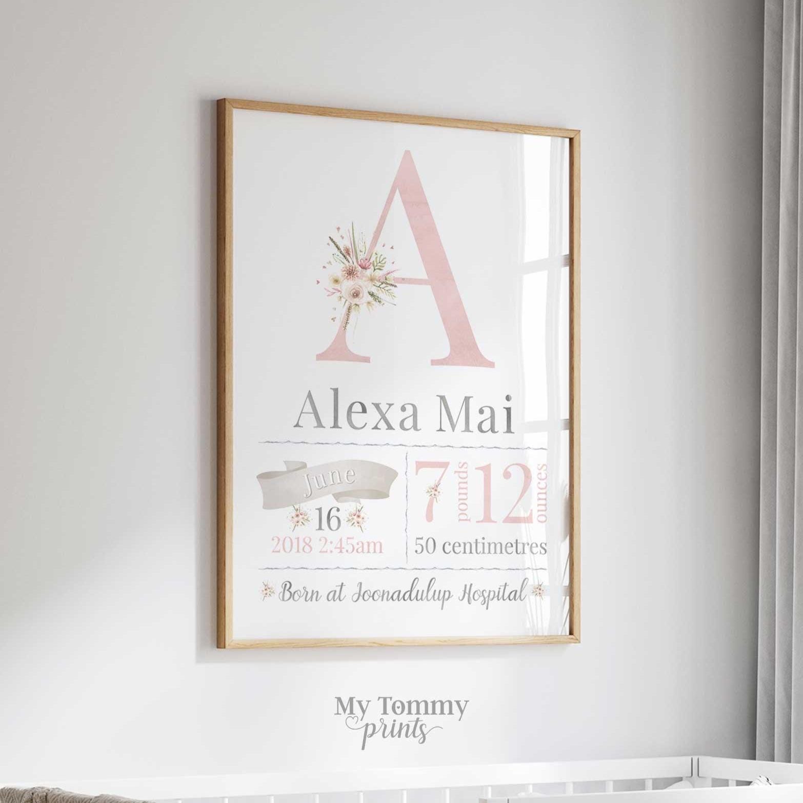 Personalised Floral Birth Announcement Print, Baby Girl Nursery Wall ...