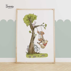 Winnie the Pooh climbing a tree for honey with Piglet nearby and Tigger, Eeyore, and Rabbit below. Classic nursery wall art with a nostalgic storybook feel.