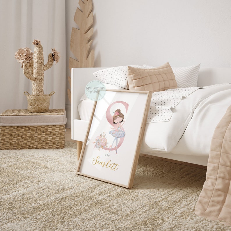 Personalised pastel ballerina print with soft pink letter and floral details, custom name art for nursery or little girls decor