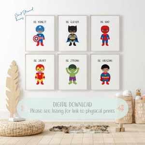 Lot de 6 impressions super héros pour décoration de chambre de petits garçons Impressions de chambre de tout-petits Super héros à la peau foncée Art en téléchargement numérique, impression d'affiches
