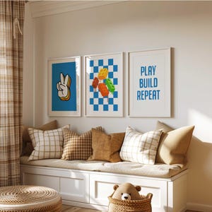 Trio of boys prints for playroom or bedroom with fun modern graphics