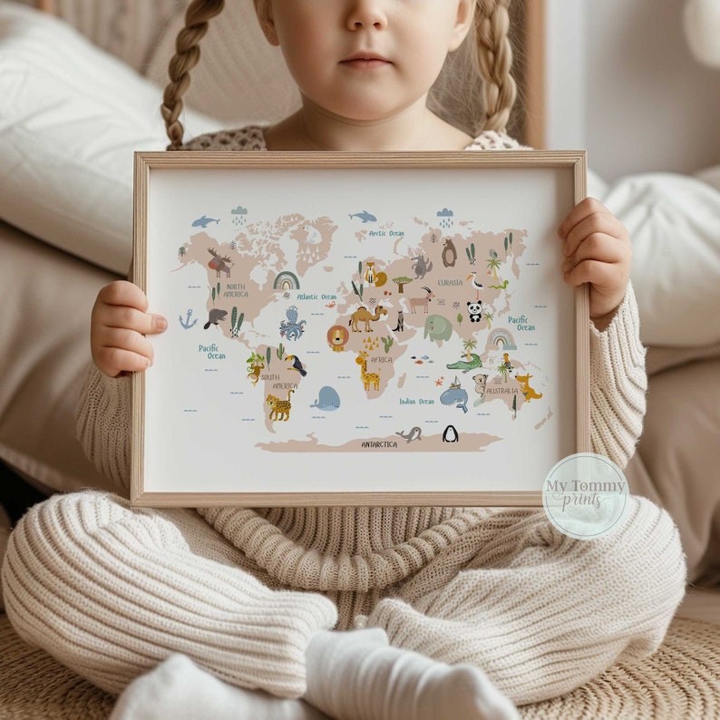 Educational world map poster with animals and soft colours for playroom wall decoration.