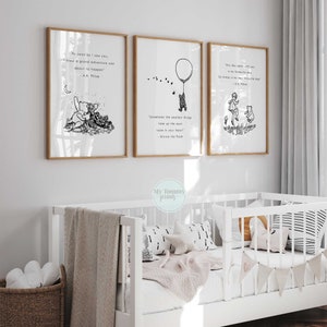 Winnie the Pooh classic set of 3 quotes for gender neutral nursery prints baby gift Winnie the pooh bear inspirational sayings black & white