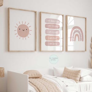 Personalisierte Affirmationsdrucke für Mädchen, rosafarbene Regenbogen-Wandkunst, 3er-Set