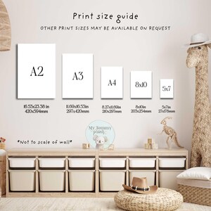 May include: Print size guide showing A2 (16.53x23.38 in), A3 (11.69x16.53 in), A4 (8.27x11.69 in), 8x10 in, and 5x7 in print sizes. Text reads "Other print sizes may be available on request" and "Not to scale of wall".