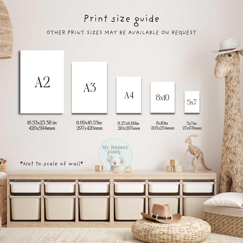 May include: Print size guide showing A2 (16.53x23.38 in), A3 (11.69x16.53 in), A4 (8.27x11.69 in), 8x10 in, and 5x7 in print sizes. Text reads "Other print sizes may be available on request" and "Not to scale of wall".
