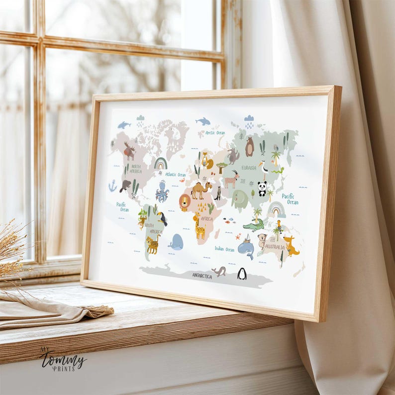 Kids animal World Map. Perfect for your nursery, playroom, or kids bedroom, this colourful map comes with a choice of 4 colour pallets and full of friendly animals. Let your kids explore the wonders of the world!