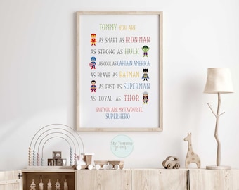 May include: A framed print with a white background and colorful text that reads "TOMMY YOU ARE... AS SMART AS IRON MAN AS STRONG AS HULK AS COOL AS CAPTAIN AMERICA AS BRAVE AS BATMAN AS FAST AS SUPERMAN AS LOYAL AS THOR BUT YOU ARE MY FAVORITE SUPERHERO".  The text is accompanied by small cartoon images of superheroes.