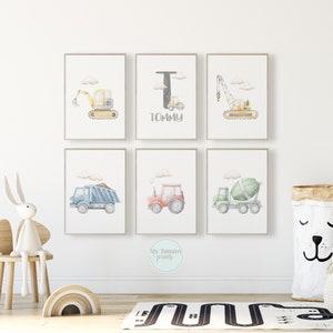 Set of 6 Personalised Construction Vehicle Prints For Boys Construction Wall Art Boys Bedroom Decor Personalized Gifts Construction Vehicles