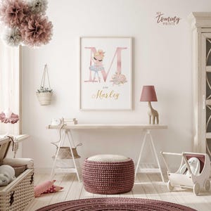Blonde ballerina nursery print with pink letter, gold script name and pastel flowers, personalised wall art for girls bedroom or baby room