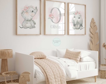 Set of 3 Baby Elephant Prints Baby Girls Nursery Prints Little Girls Bedroom Decor Personalised Wall Art Newborn Baby Personalized Gifts