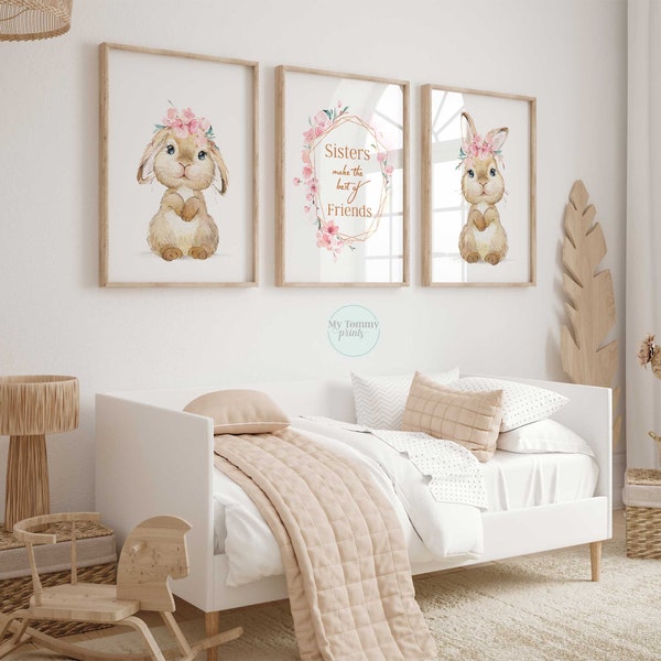 twin nursery wall art, bunny rabbit nursery prints, baby girl nursery decor, sisters make the best of friends, twin art print