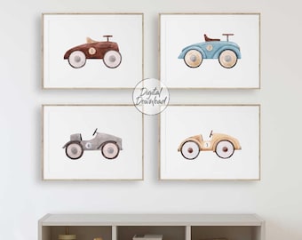 Vintage raceautoprints, jongenskamerdecoratie, retro aquarelkunst digitale download