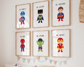 Set of 6 Superhero Prints Little Boys Bedroom Decor Toddlers Super heroes Wall Art