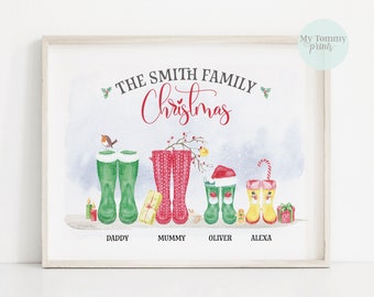 Christmas Print, Wellington Gum Boots, Welly Rain Boots, Personalised Family Print, Christmas Decor, Personalized Holiday Decor