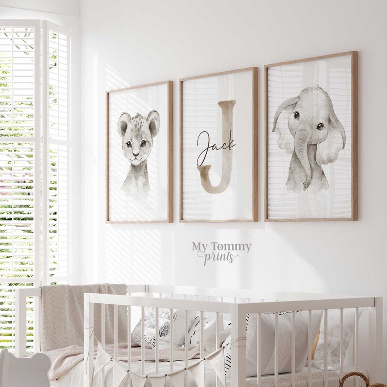 3er-Set Safari Kinderzimmer Drucke Jungen Schlafzimmer Dekor Elefant Löwe Neutral Wand Kunst Initial Print Safari Themen Kinderzimmer Dekor Bild 3