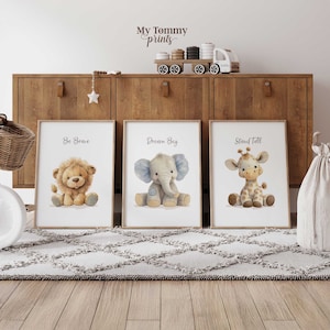 Safari Animal Nursery Prints Set of 3 – Plush Lion Elephant Giraffe Wall Art