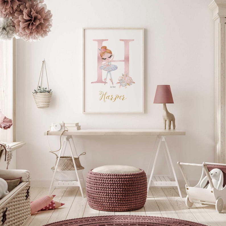 Personalised ballerina name print with pink floral details and gold script for girls name bedroom  wall art.