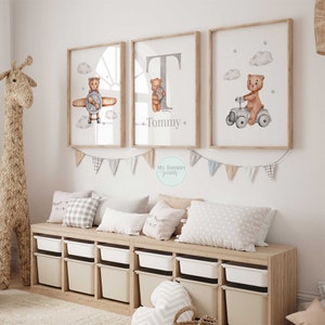 Personalisierte Teddy Bär Kinderzimmer Drucke - Baby Boy Name Wandkunst | Auto & Flugzeug Bären Set | Kinderzimmer Dekor