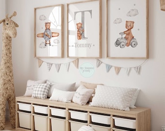 Personalised Teddy bear prints nursery decor, boys room airplane wall art, teddy bear nursery prints, set of 3 boys room, baby boy gift idea