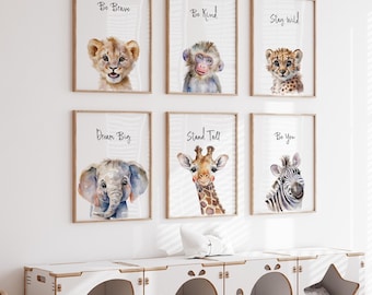 Safari Nursery Wall Art Set of 6 Animal Prints Elephant Lion Giraffe Decor