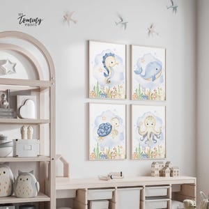 Gravures sous-marines pour chambre d'enfant baleines, poulpes, hippocampe, tortue, art mural, océan côtier, décoration de chambre de bébé