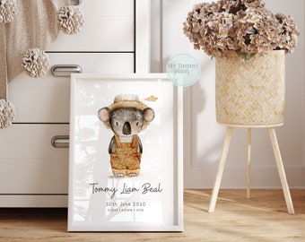 Koala nursery decor, birth announcement, personalised baby gift, Koala Bear birth stats wall art, gender neutral nursery prints