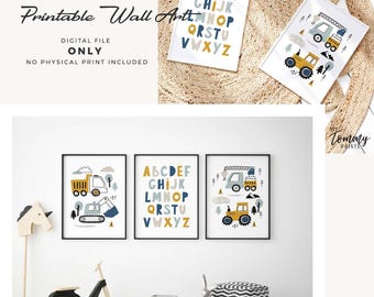 Construction theme prints, kids vehicle construction wall art, alphabet poster toddler bedroom, boys room decor digital download