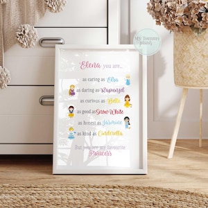 May include: A framed print featuring the text "Elena you are..." and comparisons to Disney princesses, including Elsa, Rapunzel, Belle, Snow White, Jasmine, and Cinderella. The print is in a white frame.