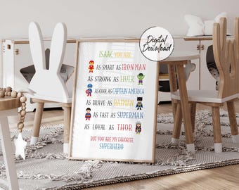 Gepersonaliseerde superheld kunst aan de muur afdrukbare jongens digitale download aangepaste kinderkamer decor