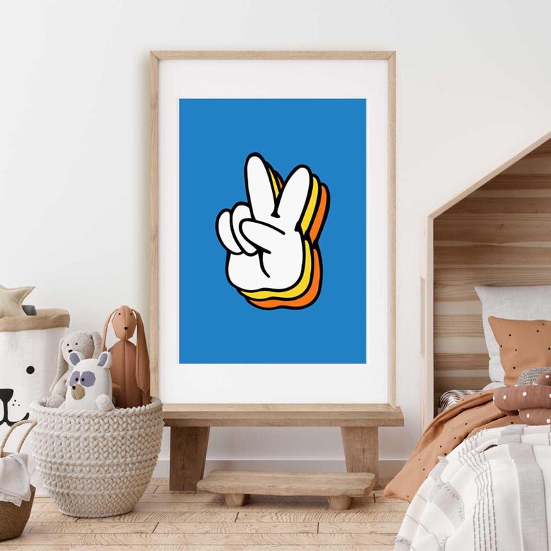 Bold peace sign wall art print on blue background for kids play space