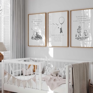 Conjunto de 3 impressões digitais em preto e branco do Ursinho Pooh para decoração de quarto de bebê