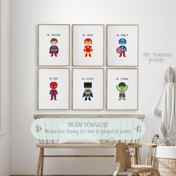 Ensemble de 6 tirages de super héros pour décor de chambre à coucher de petits garçons Impressions de chambre à coucher pour tout-petits Super héros Wall Art Digital Download Poster Prints