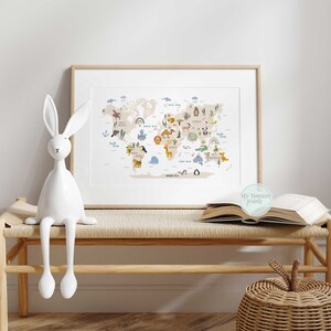 Unframed kids map print showing animals and continents, ideal for wall display in play or study areas.