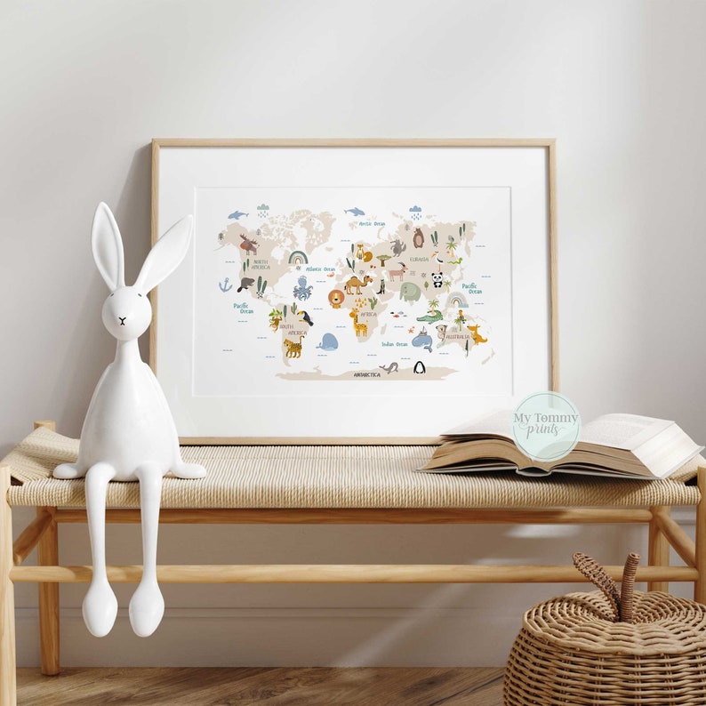 Unframed kids map print showing animals and continents, ideal for wall display in play or study areas.