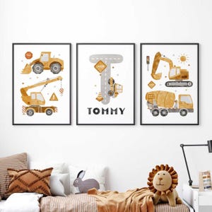 Personalised Construction Wall Art Set of 3 Prints for Boys Bedroom or Playroom Decor