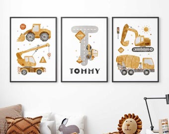 Personalised Construction Wall Art Set of 3 Prints for Boys Bedroom or Playroom Decor