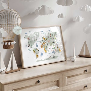 Geography-themed kids print with continents, oceans and animals for fun learning.
